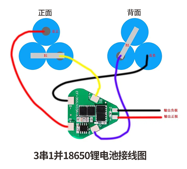 3節18650鋰電池串聯組裝示意圖